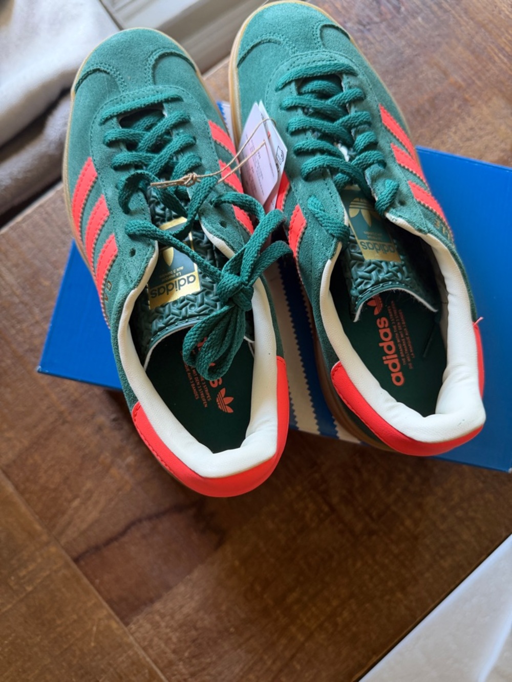 adidas Gazelle Bold Platform Sneakers - Green with coral Stripes and Gum Sole - Picture 3 of 5